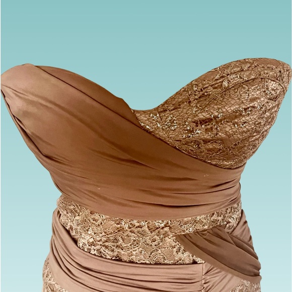 Bebe Draped Strapless Mini Bodycon Dress champagne w/silver - Picture 5 of 9